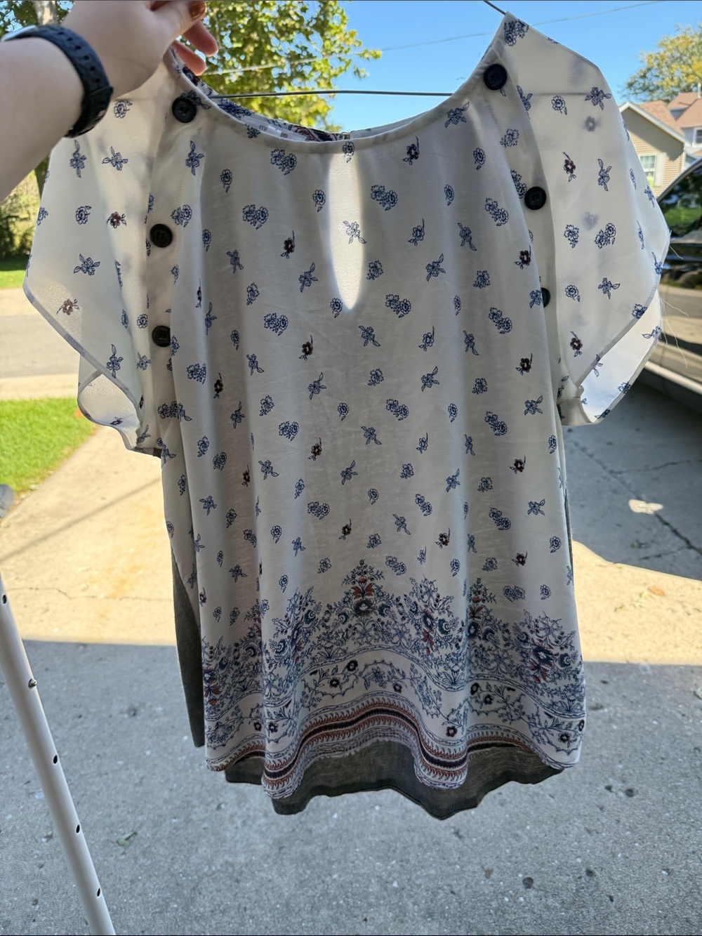 Maurices Cream and Navy Floral Border Blouse